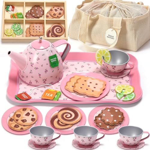 Veitch fairytales Kids Tea Party Set for Little Girl, Tea Sets for Toddler Pretend Play Food Kitchen Toy Accessories Gift for 3 4 5 6 Years Old Girls Boys (Pink)