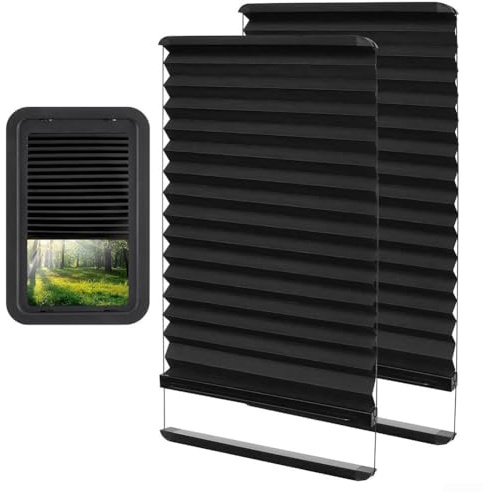 HpLive 2 Pieces RV Door Window Sun Shades Aluminum Rail Folding Roller Blinds 12x21 Inch Black Slub Fabric Sun Shade Silent Gliding