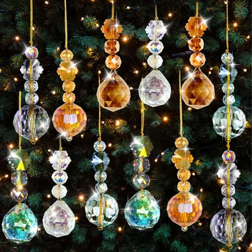 12 PCS Christmas Tree Crystal Hanging Ball Ornaments Rainbow Christmas Prism Crystal Glass Balls Hanging Decorations for Xmas Party Wedding Home Decoration