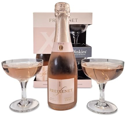 Freixenet Cordon Rosado Cava 200ml, 11.5% ABV with 2 x Dinkies Mini Champagne Saucers. Gift for her for Birthday or Christmas. By Blue Tree Gifts.
