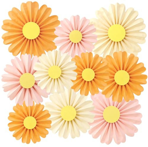 SUNBEAUTY 10 Pcs Daisy Paper Flowers Decorations Pink and Orange Flower Party Decorations Paper Fans Decor Hanging Paper Fans for Girls Birthday Wedding Baby Shower Garden Party