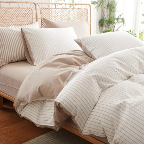 Bettwäsche 135x200 Baumwolle Weiß Braun Gestreift und Kissenbezug 80x80cm | Baumwollbettwäsche Set, Khaki Gestreift, Modern, Streifen, Landhausstil, ÖKO-TEX, Weich, Bettwäsche-Sets mit Reißverschluss
