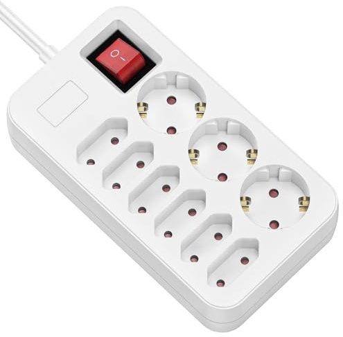 ROLINE 9-Fach Steckdosenleiste mit Schalter – 3X Schutzkontakt + 6X Eurosteckdosen, 1,5 m Kabel, 230V / 10A, 45° gedrehte Steckplätze, Kindersicherung, beleuchteter Schalter, Mehrfachsteckdose weiß