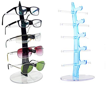 Mein HERZ 2 Pcs Brillenständer für 5 Brillen - 34 x 15 x 15 cm - Brillenhalter zur Aufbewahrung und Präsentation,Geeignet für Sonnenbrillen, Myopia-Brillen, Planspiegel,Lesebrille(Schwarz und Blau)