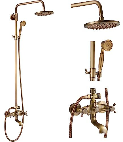 gotonovo Antikes Messing Badezimmer Duscharmatur 20,3 cm Regenduschkopf Sets Vintage 2 Kreuzknöpfe Wandmontage Mischbatterie Badezimmer Dusche Combo Set Einstellbare Handbrause Spray Dreifach Funktion