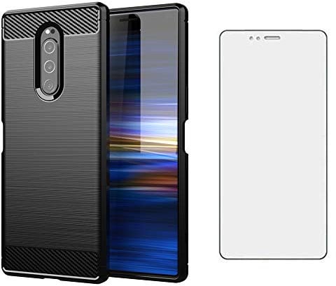 Phone Case for Sony Xperia 1 and Tempered Glass Screen Protector Film Cover with Mobile Bumper Accessories Slim Shockproof Full Body TPU Soft Thin Silicone Rubber experia One Rugged Cases Girls Black
