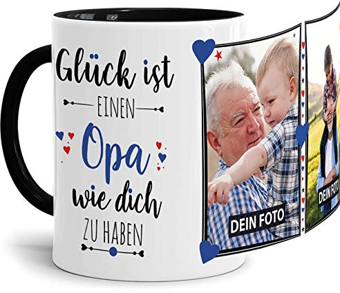 Tassendruck Fototasse mit Spruch für Opa - Glück ist, jemanden wie Dich zu haben - zum Selbst gestalten mit 2 Fotos, Innen & Henkel Schwarz, 300 ml