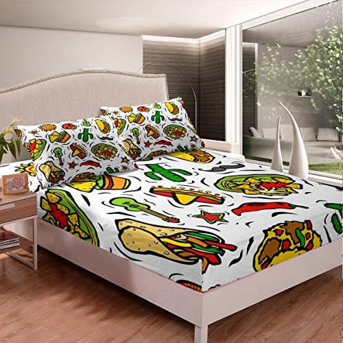 Homemissing Spannbettlaken 160x200cm Köstliche Burger und Chips Drucken rutschfeste für Kinder Jungen Mädchen Boho Kaktus Bettlaken Set 3D Gitarren Hut Spannbetttuch Ultra weich 2St