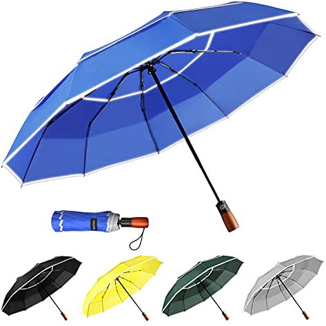 YumSur Parapluie Pliant,10 côtes Compact Parapluie Automatique Ouverture Pliable et Fermeture Résistant au Vent à Tempête Léger Solide Parapluie avec Bande Réfléchissante pour Hommes Femmes