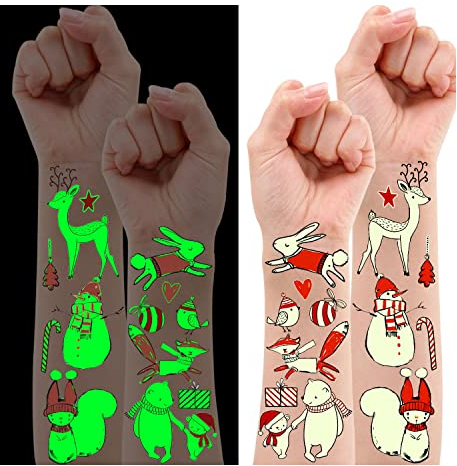 Leesgel Weihnachten Tattoo Kinder, 82 Stile Weihnachts Kindertattoos Set, Weihnachten Leuchttattoos Kinder, Weihnachtsaufkleber für Weihnachtsdeko Kinder Weihnachtsstrumpffüller, Weihnachtsgeschenke