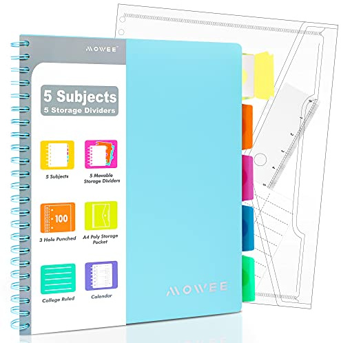 MOWEE Spiral Notebook - 5 Subject College Ruled Notebook 3-Hole Punched With Dividers, Storage Pockets, 11 Ruler, 200 Pages, for Writing Journal, Home &Office, School Supplies, A4, Baby Blue