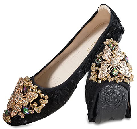 MACHSWON Women Ballet Flats Rhinestone Outdoor Wedding Ballerina Shoes Foldable Sparkly Comfort Slip on Flat Walking Shoes for Ladies(Black Butterfly, Size 6)