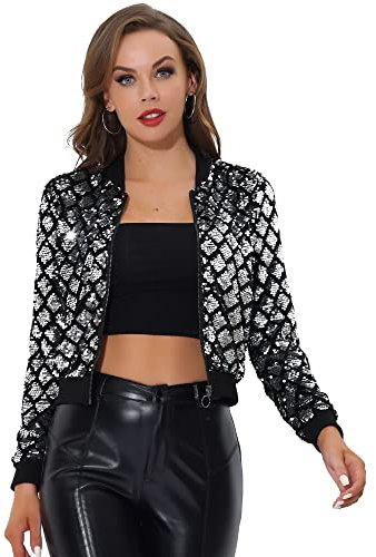 Allegra K Damen Party Glitzerjacke Bomberjacke Pailletten Glitzer Langarm Reißverschluss Club Kurze Jacke Splitter XL