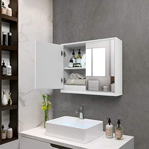 GIANTEX Badezimmerschrank Spiegelschrank, Badschrank Hängeschrank mit rahmenlosen Doppelspiegeln, Badezimmerspiegel Badspiegel aus Holz, 2 Einlegeböden, Wandschrank 56x14x45 cm weiß