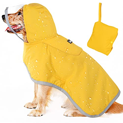 SlowTon Regenmantel Hund wasserdicht, durchsichtige doppellagige Regenjacke Hund mit Kapuze für kleine, mittlere und große Hunde, Hunderegenmantel mit reflektierendem Streifen und Aufbewahrungstasche