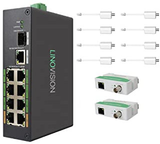 LINOVISION Industrial 8-Port EOC & POE Switch mit 2 EOC-Sendern, PoE mit großer Reichweite über Koaxial- oder UTP-Kabel, vereinfachte Verkabelung, Upgrade des analogen Systems auf IP-System
