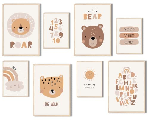 MeinBaby123® Poster Kinderzimmer - 8er Set DIN A4 & A5 | Wandbilder | Deko Bilder | Zahlen ABC Poster | Babyzimmer Deko (Süße Tiere V6)