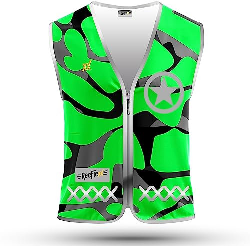 REEFLEXX Herren-Fahrradweste - Stylische Warnweste mit auffälligen Farben/Mustern und starken Reflektoren - Erhöhte Sichtbarkeit im Straßenverkehr. Green Camou Star, Größe XL/XXL