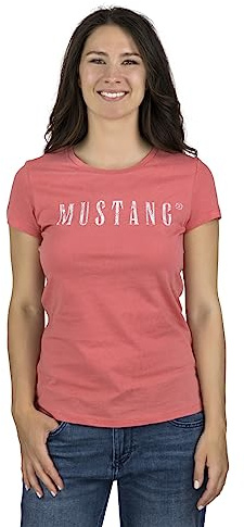 MUSTANG Damen T-Shirt Rundhals O-Neck Basic Slim Fit Kurzarm Logo Print Sommer Shirt 100% Baumwolle Weiß Blau Grün Rot S M L XL XXL, Größe:M, Farbe:Coral (1014023-8142)