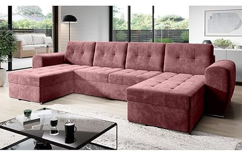 MODERNO Bari Wohnlandschaft Sofa mit Schlaffunktion Couch U-Form Schlafsofa mit Bettkasten Ecksofa Schlafcouch Moderne Wohnzimmermöbel Eckcouch Veloursstoff Steppsofa Rosa
