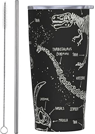 Travel Mug 20oz Black and White Dinosaur Stainless Steel Coffee Cup with Lid and Straw Leakproof Portable Hot and Cold Drink Cup for Car Travel