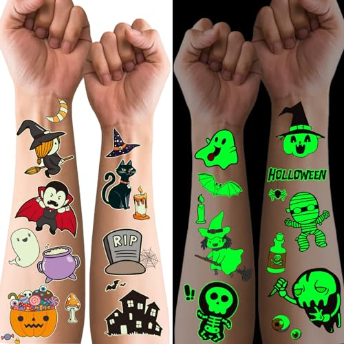 Halloween Tattoos für Kinder, 24 Blatt Leuchttattoos Kinder Halloween Gesichtstatto, Mitgebsel Halloween Deko Kinder, Halloween Spiele Give Away Geschenke Kinder Party Kostüme Zubehör