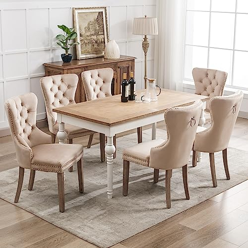 Merax Esszimmerstuhl 6er Set, Moderne Polsterstuhl mit hoher Rückenlehne und Nagelkopfbesatz, bequemer Wohnzimmerstuhl aus Samt, für Arbeitszimmer, Küche, Schlafzimmer, Eichenbeinen, Beige