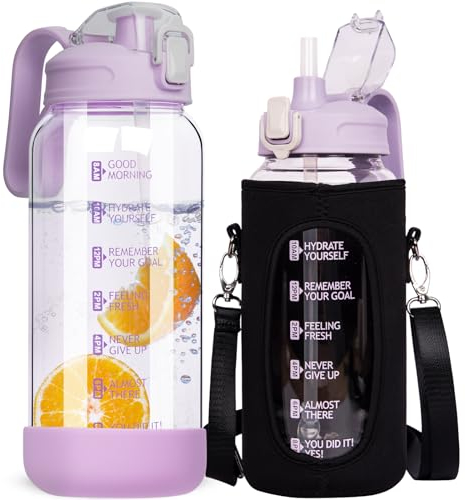 DEARRAY 2l Gourde Verre Motivation avec Paille et Marqueur de Temps 2 litres grand transparente Bouteille eau Verre Borosilicaté Carafe eau Pichet en Verre