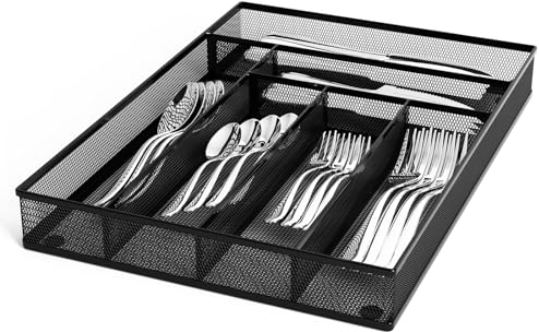 Sedegn Drawer Organizer for Silverware, Utensil Storage Divider, Metal Mesh Wire Cutlery Tray Flatware Storage for Kitchen with Non-slip Foam Feet, 5 Compartments, Black