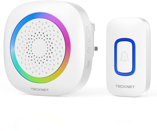 TECKNET Wireless Doorbell, IP66 Waterproof Plug in Doorbell with RGB Light, 400M/1,300 Feet Long Range Door Bells Wireless Cordless, Door Chime Kit with 60 Melodies & 5 Levels Volume (White)