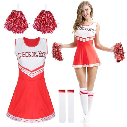 DAZZTIME Uniforme de Pompom Girl Fille,Uniforme de Pom-Pom Girl Taille-M,Costume Cheerleader Sans Manche pour Adulte,avec Pompoms Chaussettes,Deguisement Cheerleader Cosplay Costume.