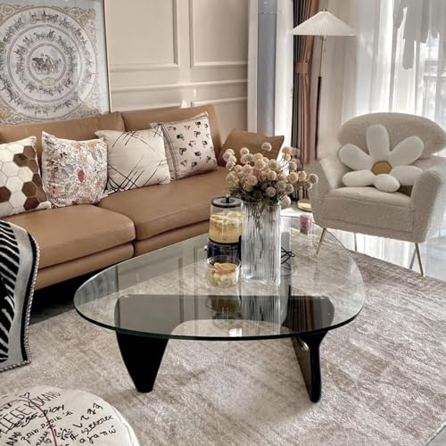 Table basse moderne, tables basses triangulaires pour salon, plateau en verre triangulaire, base en bois naturel, table basse triangulaire, pour salon, terrasse, verre transparent + bûche, 82 x 57 x