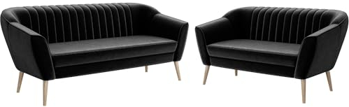MEBLINI Mini Sofa Set 3-2 für Wohnzimmer - Mini Lounge für fünf Personen - Küchensofa - Sofa Klein - Sitzgarnitur - Polstergarnitur - Sofagarnituren - KAIA - 3+2 - Schwarz Samt