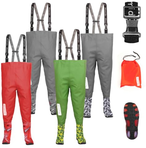 3Kamido Kinderwathose, Jugendliche Kinder Brust Wathose – Modell CRAFT hellgrün, verstellbare Taille, strapazierfähige Hosenträger, Schnalle Nexus, Kinder Angeln Stiefel 33/34 EU