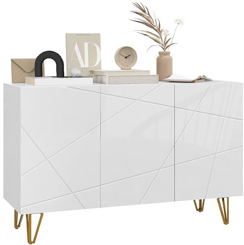 HOMCOM Storage Cabinet with High Gloss, Freestanding Sideboard with Adjustable Shelves, Soft-Close Doors and Gold Tone Hairpin Legs for Living Room, Dining Room, Hallway, White