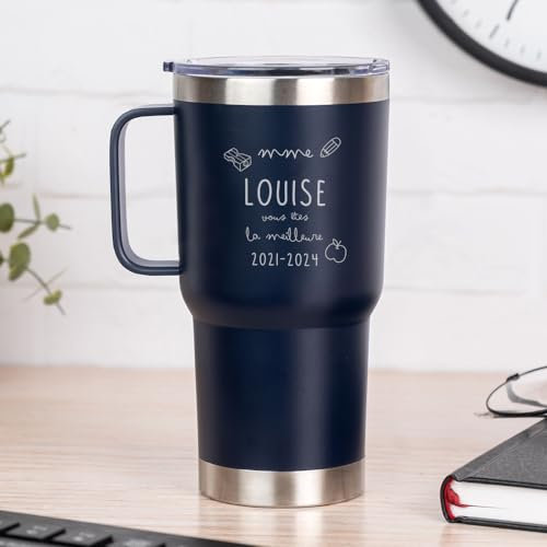 Wanapix | Mug Thermique Double Couche Personnalisé | Capacité 600 ml | Couleur Bleu | Conserve le Froid et le Chaud pendant des Heures | Gravé avec Nom | Cadeau pour Profs | La meilleure prof