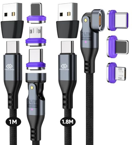 Trescopes 6-in-1 PD240W Magnetic Charging and Data Cable, USB A/C to Type C, I-Product & Micro USB, 1m + 1.8m [2 Pack]