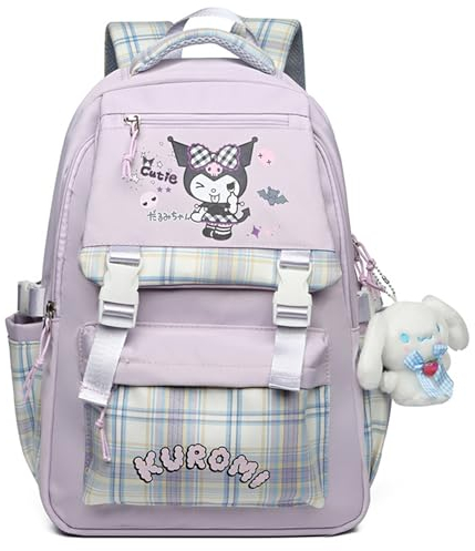 Roffatide Anime Kuromi Print Business Casual Laptop Schultern Rucksack Wandern Reise Daypacks Rucksack 17 Zoll Lila (mit niedlichen Anhängern)