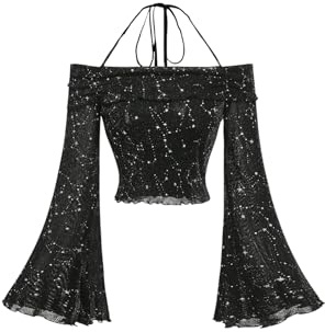 GORGLITTER Damen Crop Oberteile Langarmshirts Schulterfreies Oberteil Neckholder Top Glitzer Oberteil mit Volant Ärmeln Schwarz S
