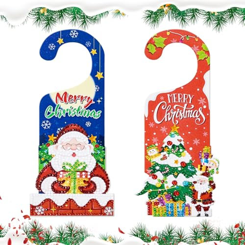 JSRQT 2 Pack Christmas Diamond Art Door Hanging Decorations, 5D DIY Diamond Pasted Painting Door Pendant Ornaments Signs with Santa Claus Christmas Tree Pattern for Adult Kids Home Bedroom Door Decor