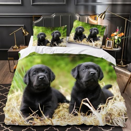 BJCJGGL Bettwäsche 135x200 Schwarzer Labrador Bettwäsche-Set mit Reißverschluss Schließung und 2 Kopfkissenbezug 80x80 cm - Weicher Atmungsaktive Mikrofaser Bettbezug für Kinder Mädchen