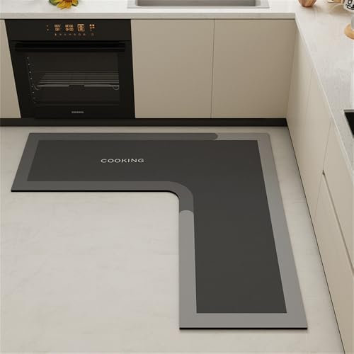 Hixingo Küche Teppich rutschfest Kieselgur L-förmig Küchenläufer Schnelltrocknend Küchenteppich Absorbierend Läufer Teppich Modern Abwaschbar Küchenmatte Schmutzfangmatte (120x45cm,dunkelgrau)