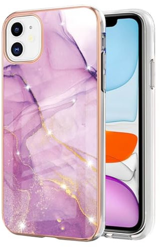 JYNCHDZ for iPhone 11 Case Shockproof iPhone 11 Phone Case Glitter Marble Flexible Silicone Bumper Slim Thin Electroplated Gold Edges Shell Drop Protection Cover for Girls Women, Pink Purple