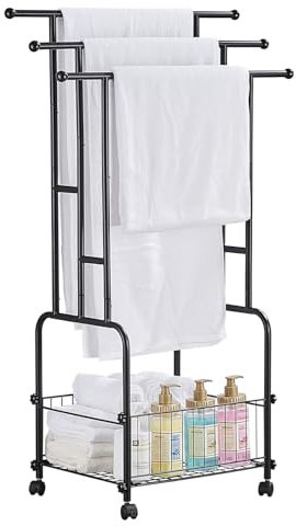 LIUBEI Porte Serviette sur Pied, Porte Serviette Salle de Bain, Porte Serviette avec Étagère de Rangement, roulettes, Gain de Place, Accessoires de Salle de Bain, Noir