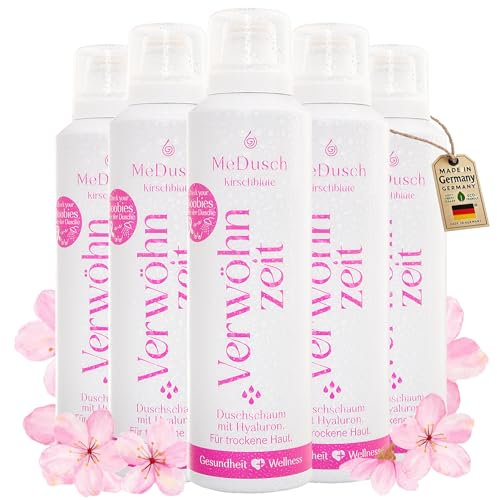 MeDusch Duschschaum Verwöhnzeit (200 ml) Kirschblüte (Sakura) mit veganem Hyaluron im praktischen Set 5er-Set (unisex), Feuchtigkeitsspendendes Aromabad für die Dusche!
