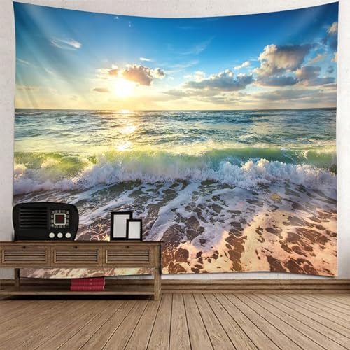 Tolldek Wandteppich Landschaft Natur Blau Grün Braun, Wandteppiche Strand Meer Wandbehang Tuch für Wohnzimmer Schlafzimmer Wanddeko, 260 x 240 cm
