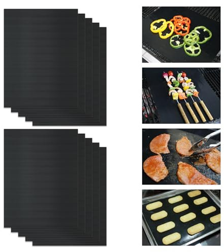 KitchenRaku BBQ Grill Mat, 32X50cm Universal Oven Liners for Bottom of Fan Assisted Ovens, Heavy Duty, Reusable and Washable, Suitable for Gas, Charcoal BBQ (Black, 10PCS)