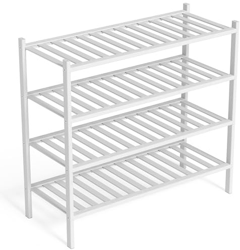 Shoe Rack Wooden - Shoe Storage Organiser - Shoes Rack Shelf Stand | BAM BOO BOX Bamboo Shoe Shelf for Hallway - Wooden Shoes Storage Organiser 68x28x64cm - Stackable 4 Tier Shoe Stand (White)