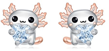 Flpruy Axolotl Ohrringe Damen 925 Sterling Silber Tier Ohrstecker mit Herzförmigem Kristall Süße Salamander Ohrringe Schmuck Geschenk für Mädchen Frauen