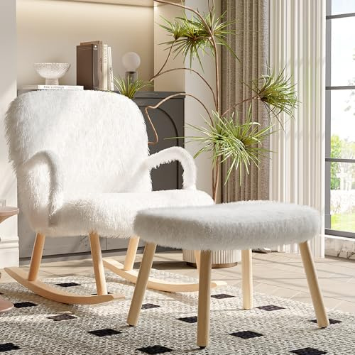 Lazyspace Schaukelstuhl mit Hocker, Stillsessel Wohnzimmersessel Schaukelsessel Schwingsessel mit Weiß Lammwolle, Sessel mit Holzkufen, Bis 130 Kg, Relaxsessel für Wohnzimmer, Schlafzimmer